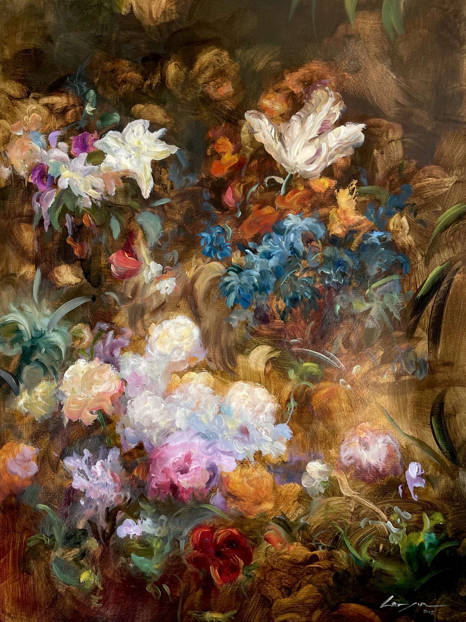 Värikäs kukka-asetelma maalauksessa