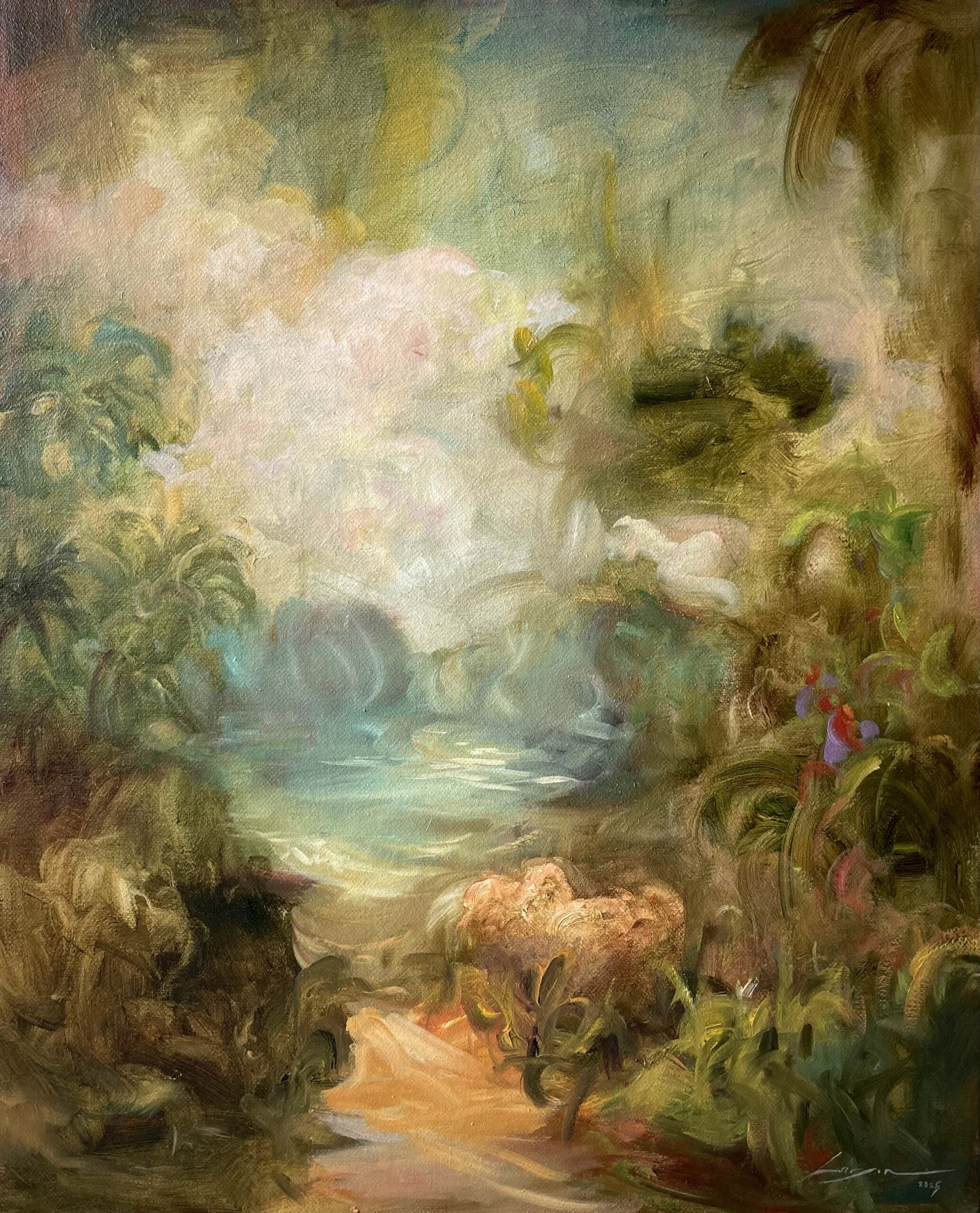 Värikäs maisemamaalaus trooppisesta metsästä