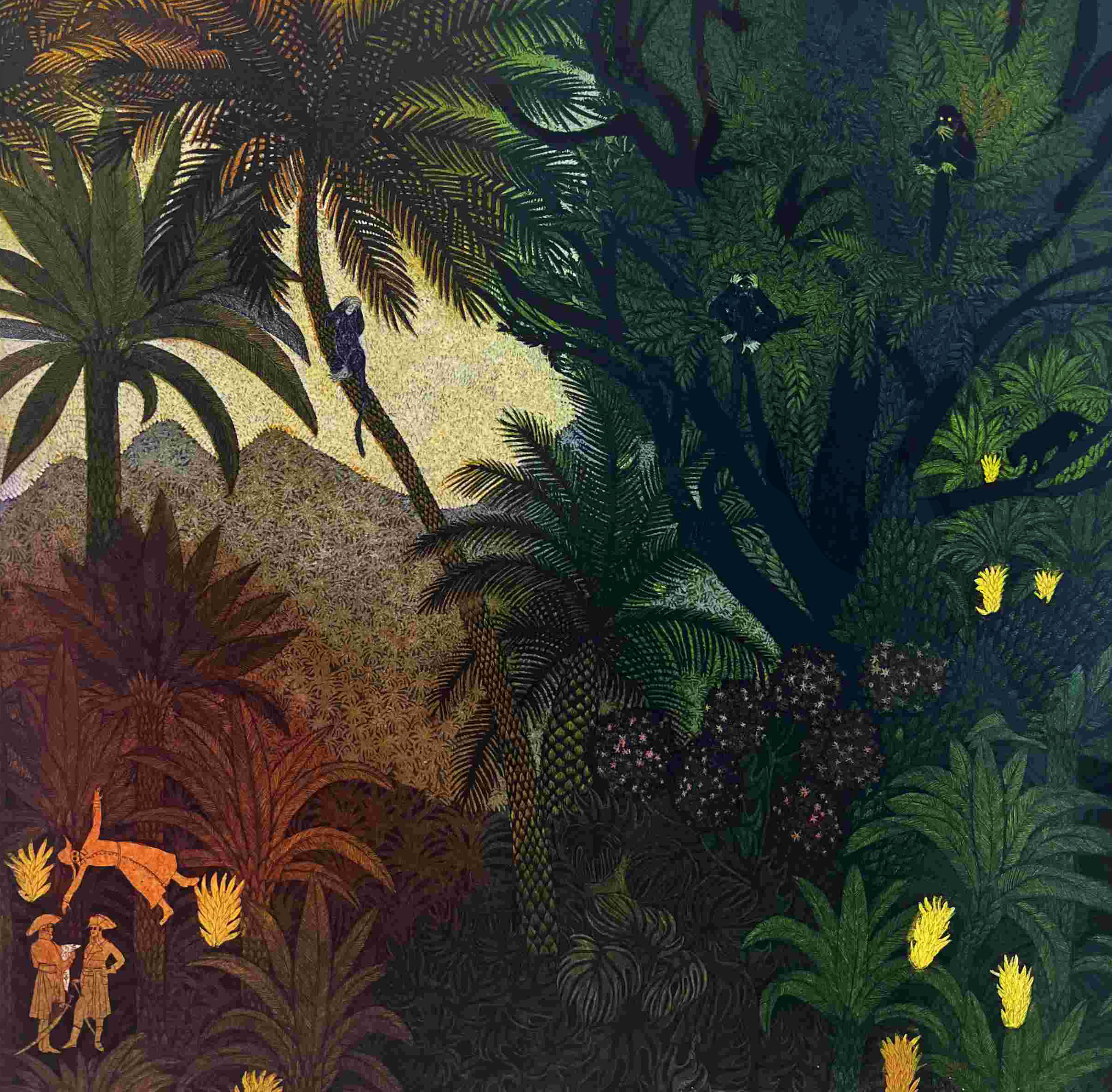 Värikäs viidakonäkymä ihmishahmoilla